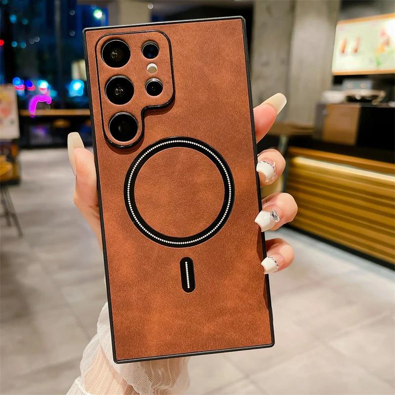 For Samsung Galaxy S24 S23 S21 S22 Ultra Plus Case Leather Wireless Charge Magnet Magsafe Soft Protect Full Camera Cover Shell