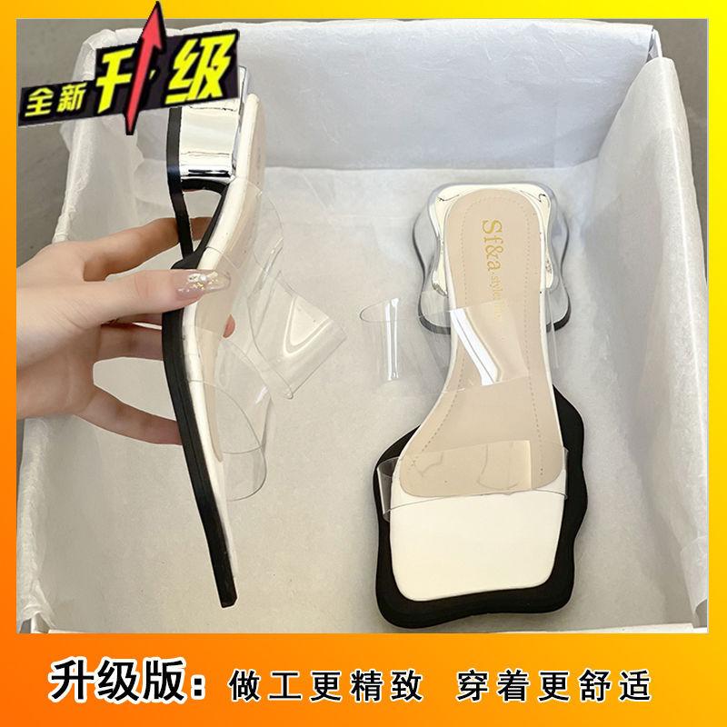 Premium sense niche sexy crystal thick heel 2025 spring and summer new high heels fairy transparent cool slippers outer wear