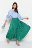 Women's Style Hijab Skirt Green Floral Patterned Pleated Woven Skirt with Elastic Waist