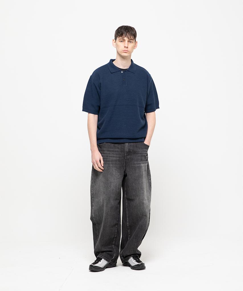 CHAMBROS Oversized Collared Short Sleeve Knit [Navy Solid]