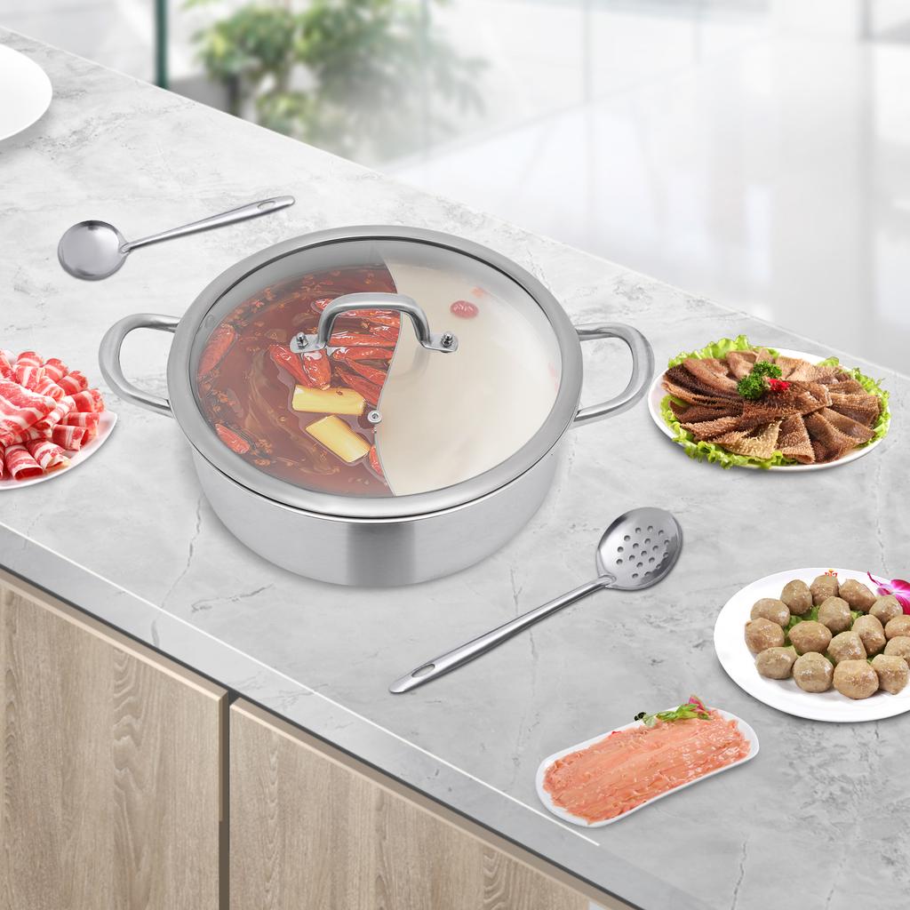 32cm Stainless Steel Hot Pot with Divider, Dual-Sided Cooking Pot, 304 Stainless Steel Pot with Glass Lid, Soup Spoon & Strainer