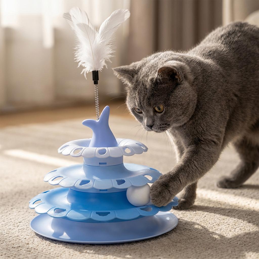 Interactive Cats Turntable Toy With Feather Wand, Multi-Layer Track Puzzle Toy For Indoor Cats, Self-Entertainment & Boredom Relief