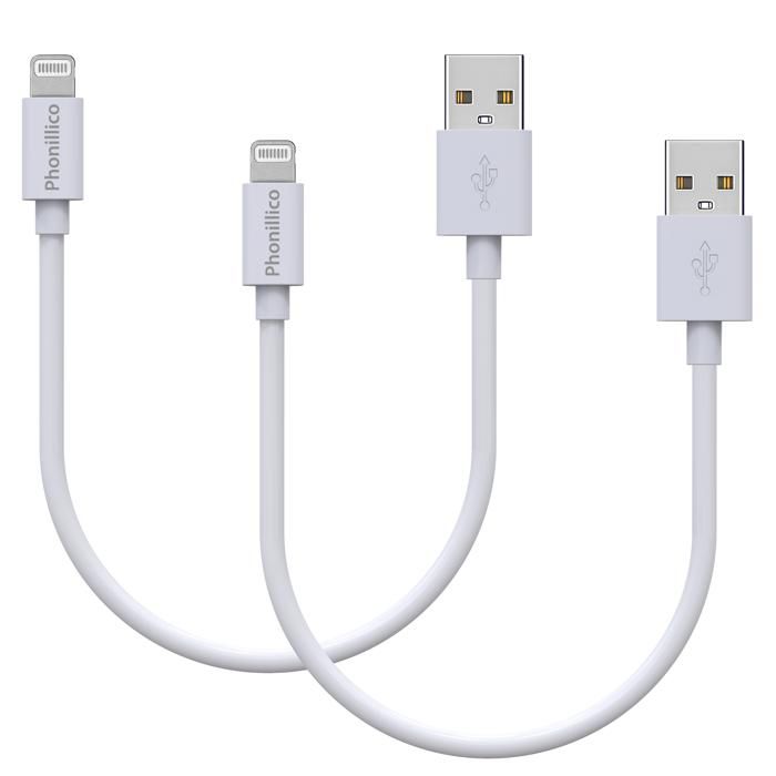 Lot 2 Cables 20cm USB Lightning Chargeur Blanc pour iPhone X/XS/XS MAX/XR/7/7 PLUS/8/8 PLUS/6/6S/6 PLUS/5/5S/SE/AirPods Phonillico