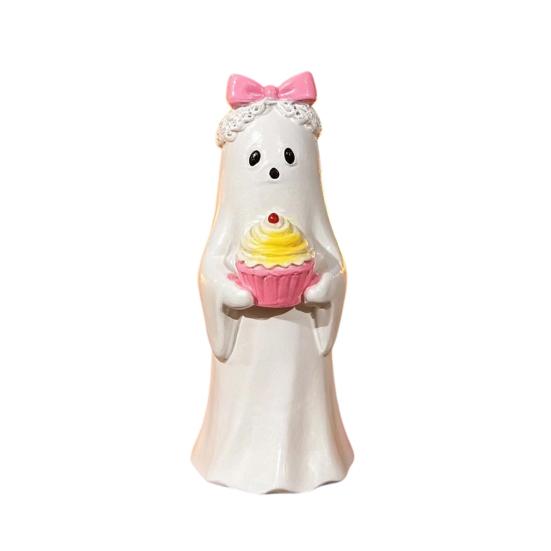 Fun Halloween Gifts for Kids Cute Ghost Ornament, Resin Figurines with Cake/Cookie Design Desktop Fireplace Home Holiday Party Decoration Shelf