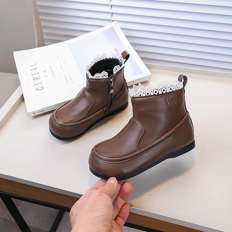 Детские ботильоны с оборками, милые, принцесса, черные, модные, универсальные, элегантные короткие кожаные ботинки, нескользящие