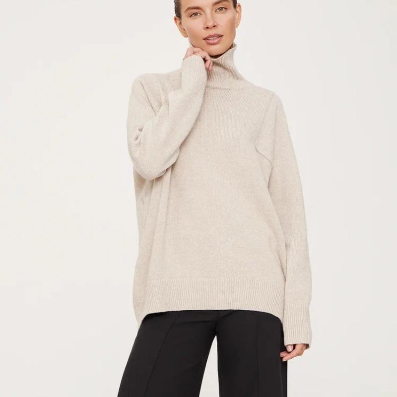 Новый свитер, женский свободный вязаный пуловер с высоким воротником и длинными рукавами, теплый свитер