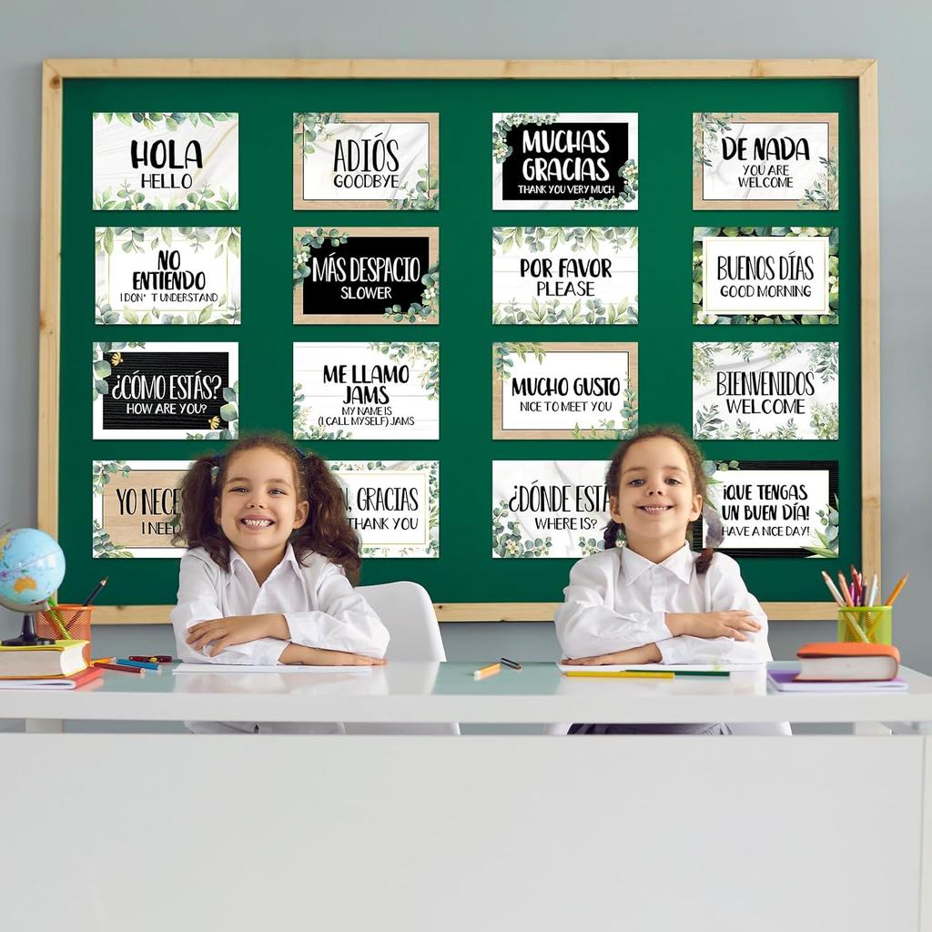 gisgfim 16 Pcs Spanish Words and Phrases Poster Set Spanish Phrases Bulletin Board Study Spanish Classroom Decoration for Teachers Preschool School