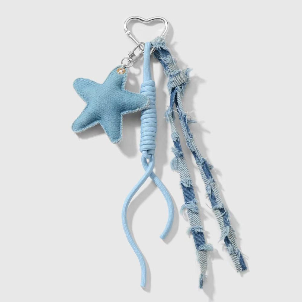 Denim Distressed Frayed Ribbon Pearl Tassel Star Pendant Decorative Bag Charm Accessory For School Backpack Bag Charm