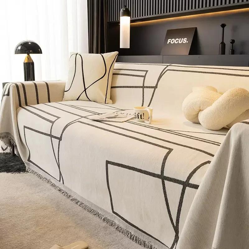 Black Lines Chenille Sofa Cover Cloth Sofa Blanket Cover Full Universal Couch Towel Dust Proof Sofa Cushion Cover
