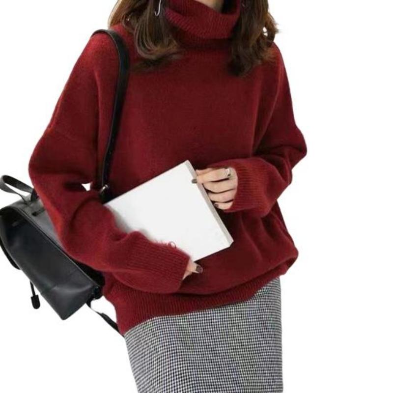 Женский свитер с высоким воротником и длинным рукавом, однотонный трикотажный топ свободного кроя, утолщенный свитер, трикотаж