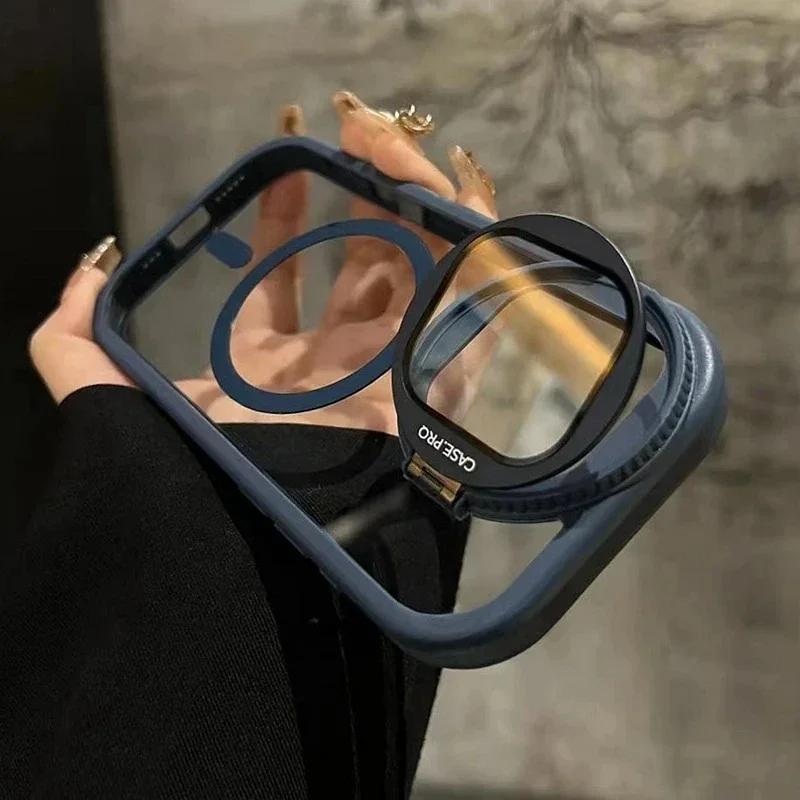 Luxury Magsafe Transparent Phone Case For iPhone 15 12 13 14 11 16 Pro Max Plus Magnetic Kickstand Stand Shockproof Back Cover