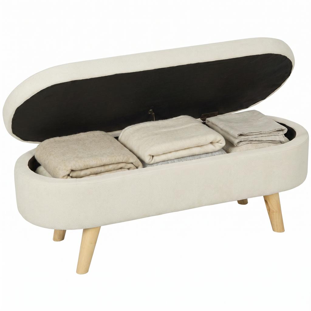2-in-1 Fabric Storage Bench with Wooden Legs, 110x40x43 cm, Cream