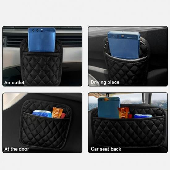 Phone Holder Organizer Pouch Car PU Leather Stick-up Storage Bag Decor Pocket