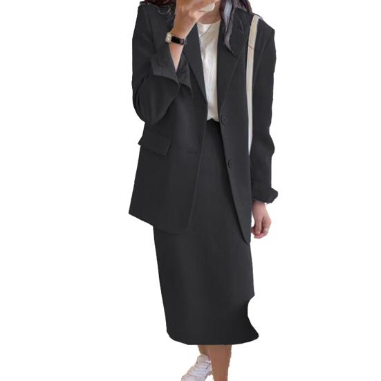 2Pcs/Set Women Suit Set Lapel Long Sleeve Flap Pockets Suit Coat High Waist Midi Skirt Set Solid Color Office Lady Suit Workwear