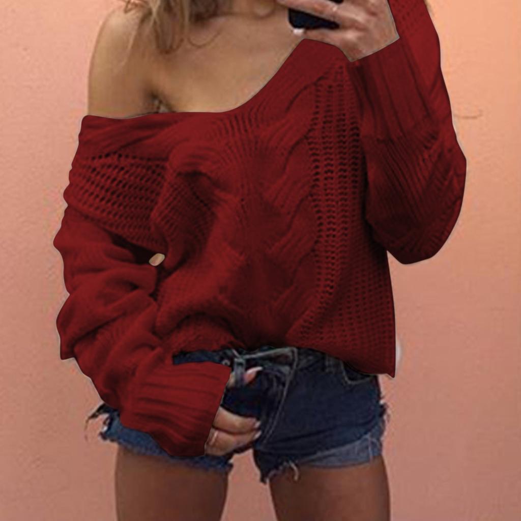 Womens Lady V-neck Sweater Casual Solid Loose Long Sleeve Tops Slim Fit Pullover