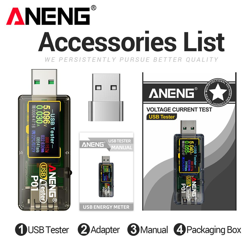 Цифровой вольтметр-амперметр ANENG P01 USB-тестер 4В-30В Емкость Энергия Температура Детектор быстрой мощности