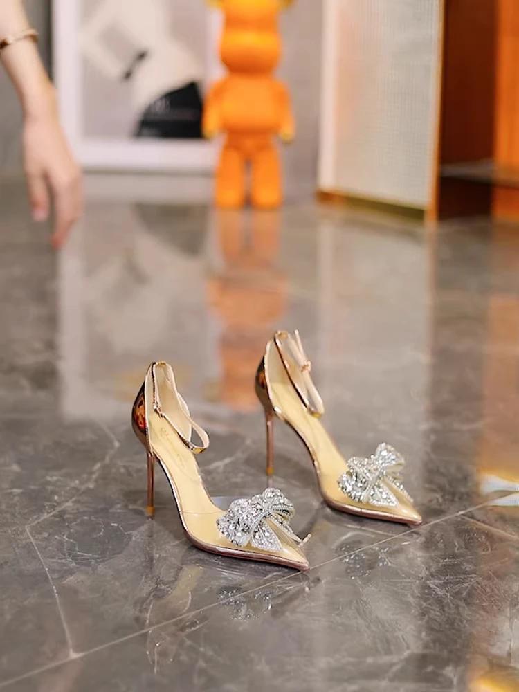 Сексуальные прозрачные туфли-лодочки со стразами, бабочка-узел, острый носок, свадебные туфли на высоком каблуке, весна-лето 2024