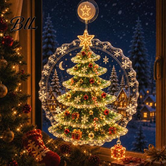 Suction Cup Holiday Decor Christmas Window Light, 7.8-Inch Double-Layer Warm LED Winter Decoration Battery Powered Hanging Light for Glass Windows,