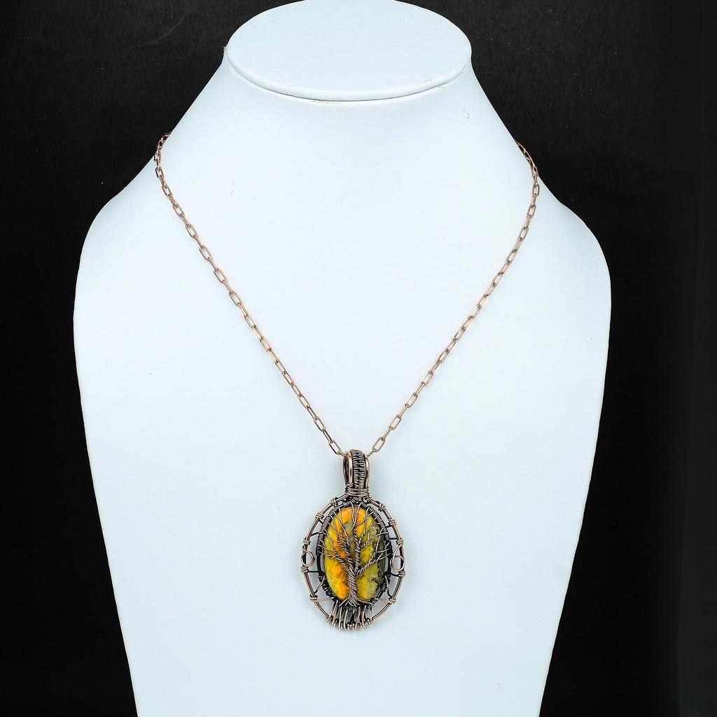 Кулон Дерево Жизни из Яшмы Шмель, обернутый медной проволокой, Кулон с драгоценным камнем, Кулон ручной работы для женщин, Медные украшения, Украшения из Яшмы Шмель