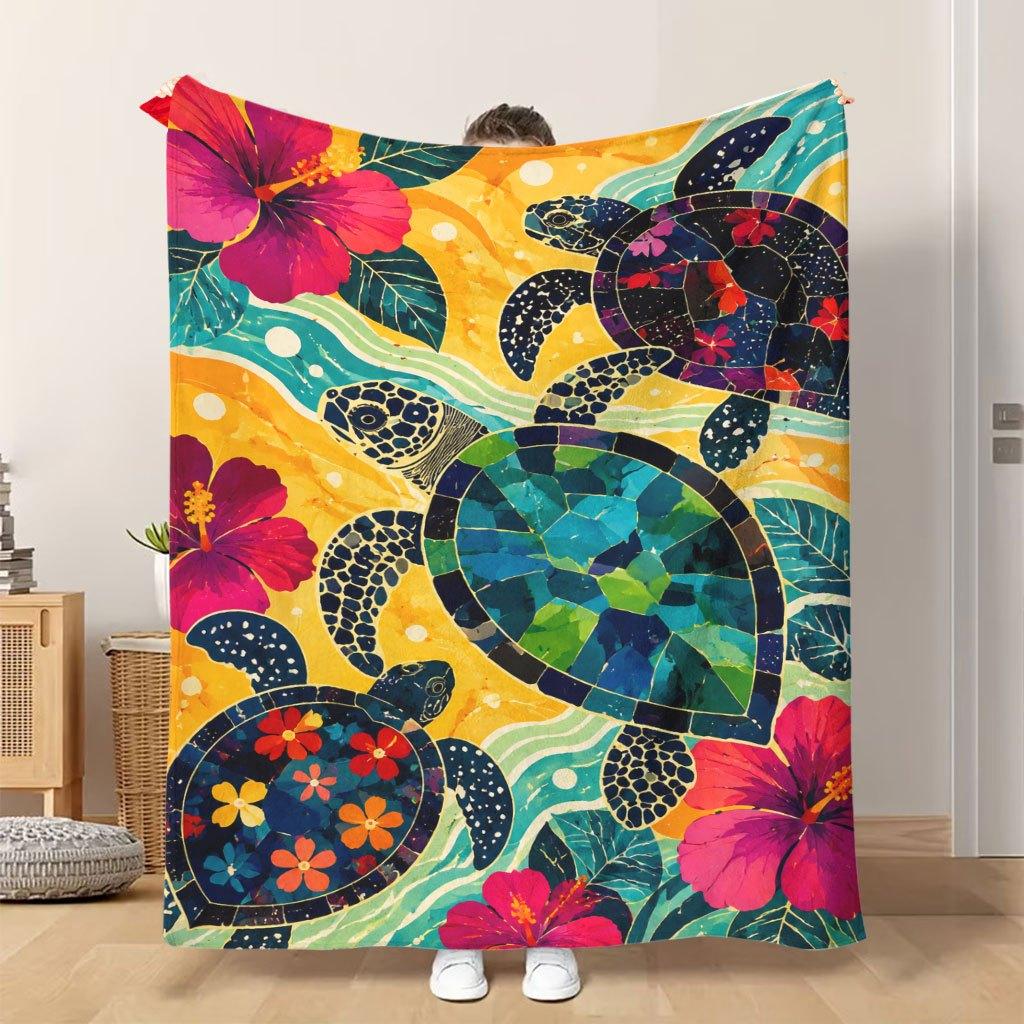 Fflannel Blanket 1pc Tropical Turtles And Vibrant Flowers Soft Comfortable and Warm This Nap Blanket/sofa Blanket Is Suitable for