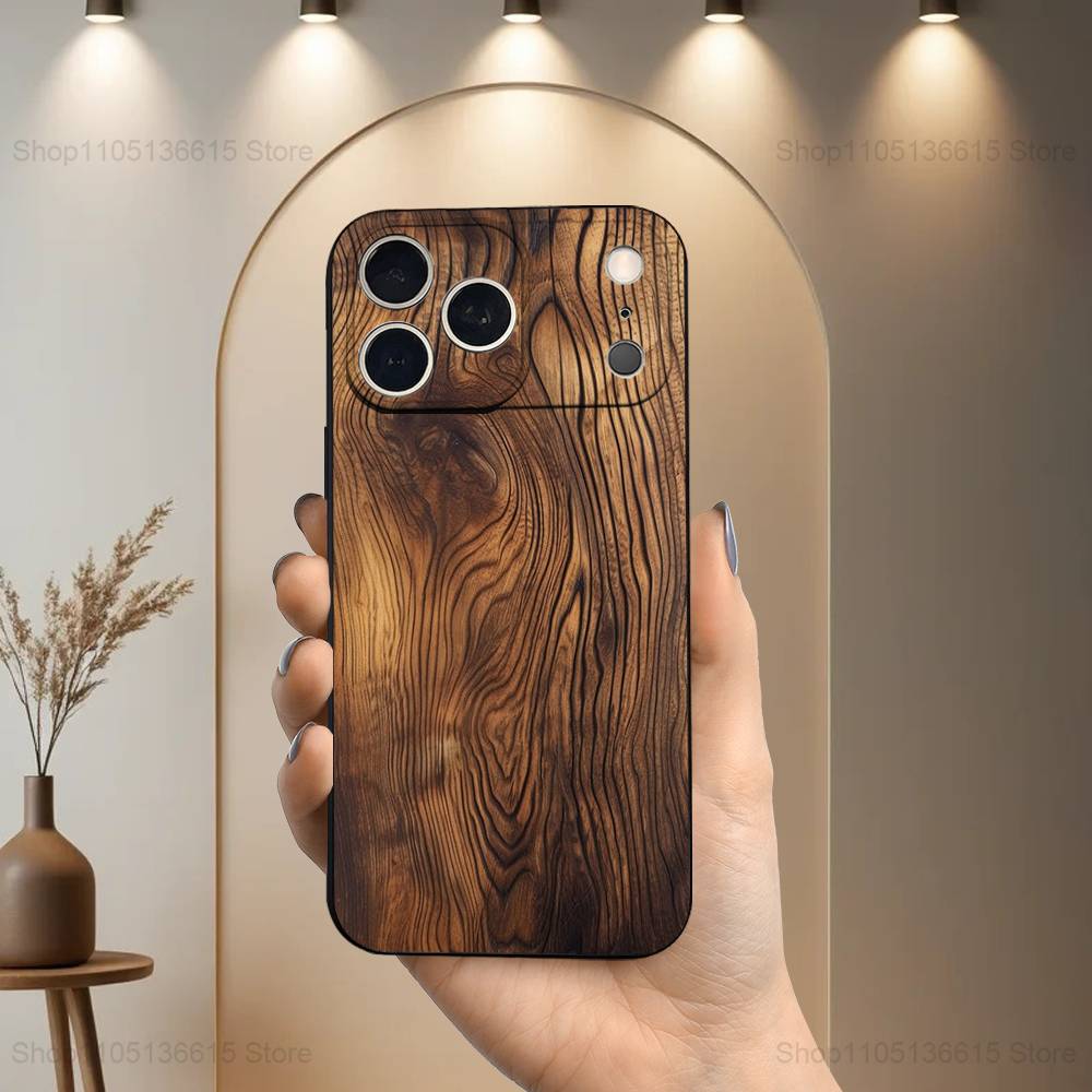 Flame Wood Grain Art Case For iPhone 17,16,15,14,13,12,11 Air,Plus,Pro Max,XS,X,XR,SE,Mini,8,7,Soft Silicone Black Cover