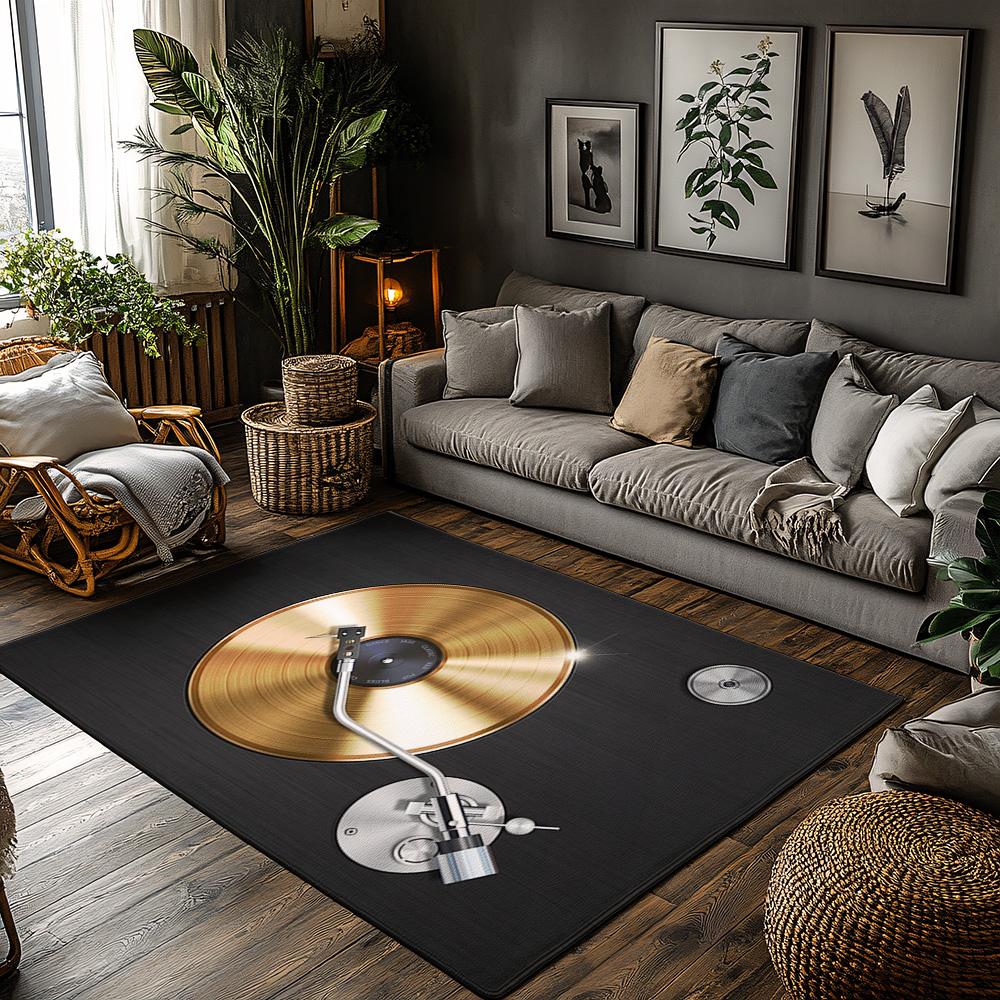 Golden Vinyl Record Rug, Black Music Note Carpet for Living Room, Soft Non-Slip Sofa Mat with Bohemian Decor