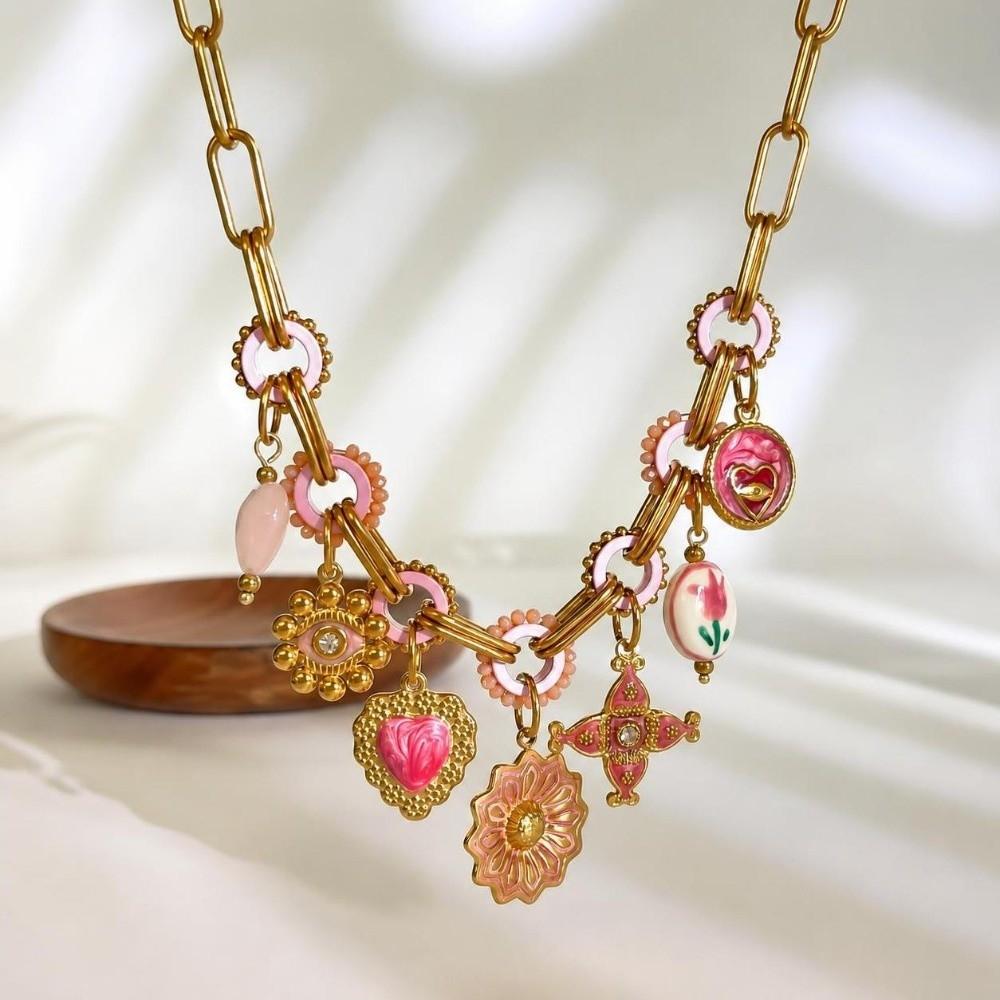 Adjustable Handmade Pendant Necklace Pink Enamel Boho Jewelry Elegant Multi Charms Necklace Women