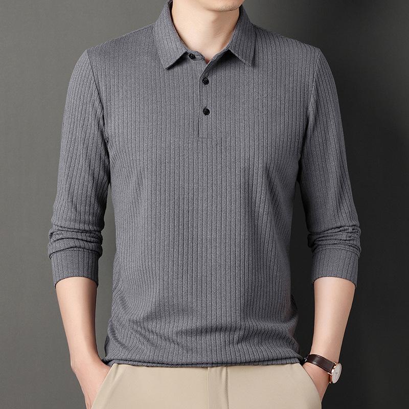 Men's Long Sleeved T-shirt Versatile Polo Shirt Solid Color Striped Business Collar Long Sleeved Breathable T-shirt