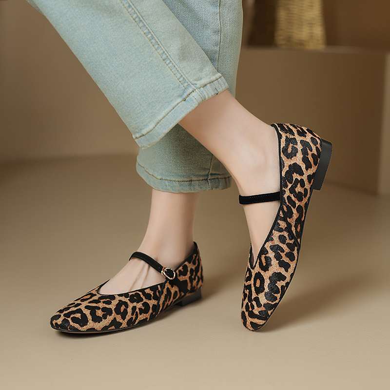 Krazing Pot Horsehair Fur Summer Spring Autumn Low Heels Flat with Leopard Patterns Ballet Shoes Shallow Pumps