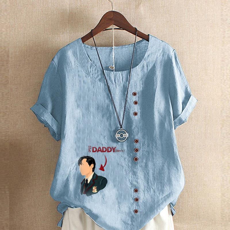 Женская модная мужская футболка с круглым вырезом и коротким рукавом, повседневная хлопковая льняная рубашка с рисунком, свободная летняя блузка, топы
