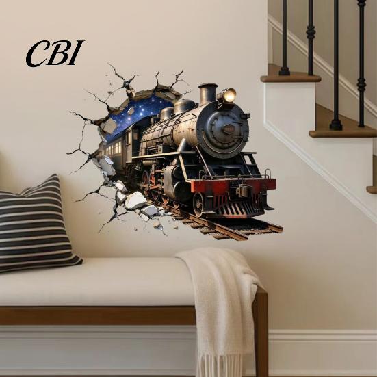 Retro Steam Train Wall Art 3D Sticker, Break Through Decal, Peel and Stick Self Adhesive Industrial Style Decor Mural for Kids Room Bedroom