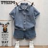 Джинсовый костюм для мальчиков, летний красивый модный тонкий летний комплект из двух предметов с короткими рукавами для мальчиков, повседневный синий костюм