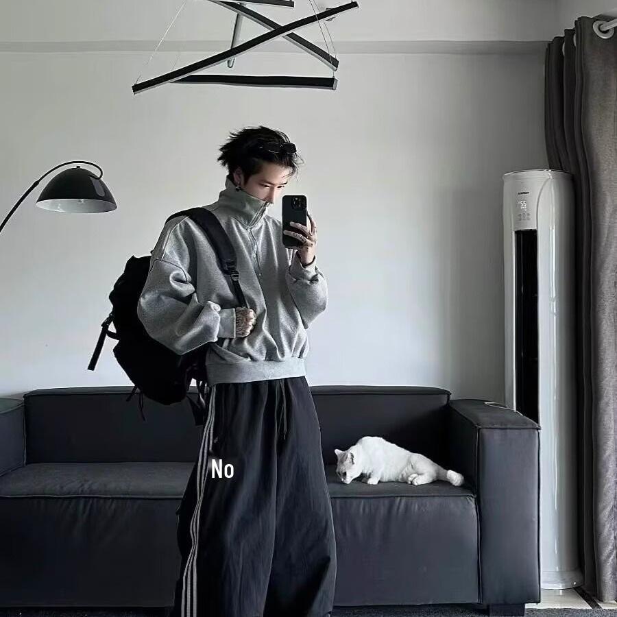 Мужская ретро-толстовка с полумолнией и воротником-стойкой - Весна/Осень Модная тяжелая уличная одежда Свободный пуловер