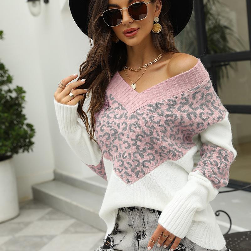 Autumn and Winter Women's Sweater Leopard Print Knit Sweater V-Neck Patchwork Women's Sweater