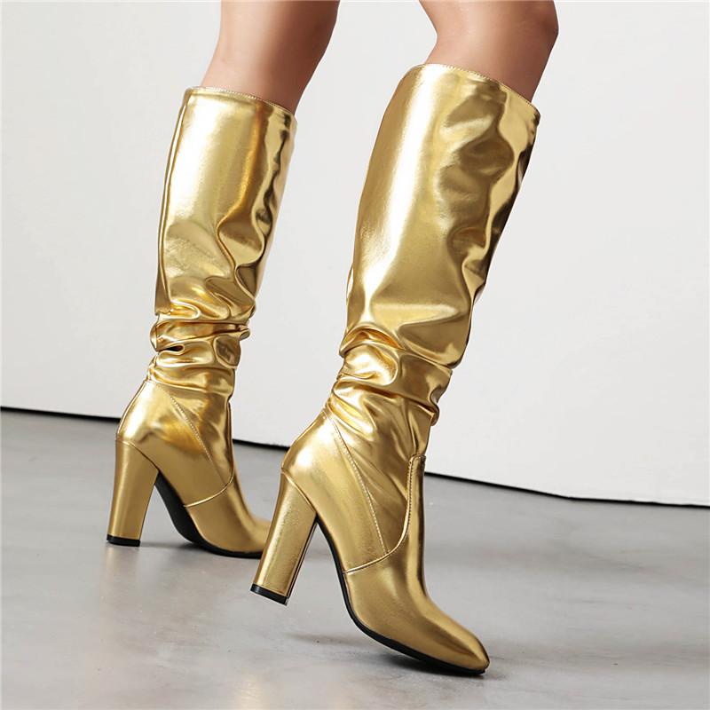 Женские сапоги на высоком каблуке осень и зима новые золотые простые темпераментные толстые каблуки большие размеры средние сапоги