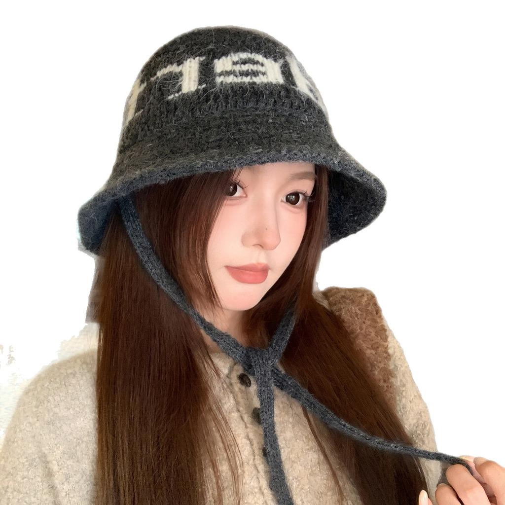 New Korean version ins~ Letter knitted basin hat women's autumn and winter versatile face small warm bucket hat bucket hat