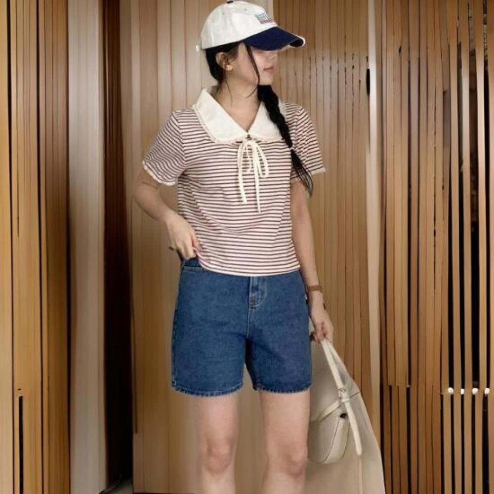 New ArrivalS Open Run Women S STripe ShorT Sleeve T ShirT Ribbon decoraTion ST 1