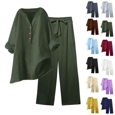 Женская модная свободная однотонная рубашка с V-образным вырезом и длинными рукавами, топ с завязками и карманами, прямые брюки