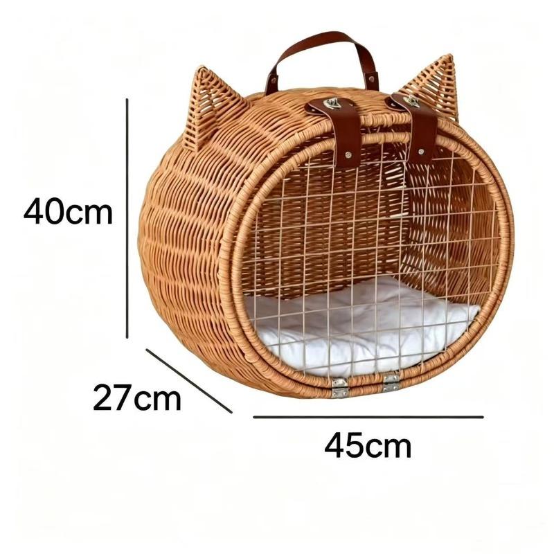 Rattan Woven Cat Ear Rolling Cat Carrier Breathable Escape-Proof Portable Large Capacity Pet Outdoor Travel Trolley for Cats New