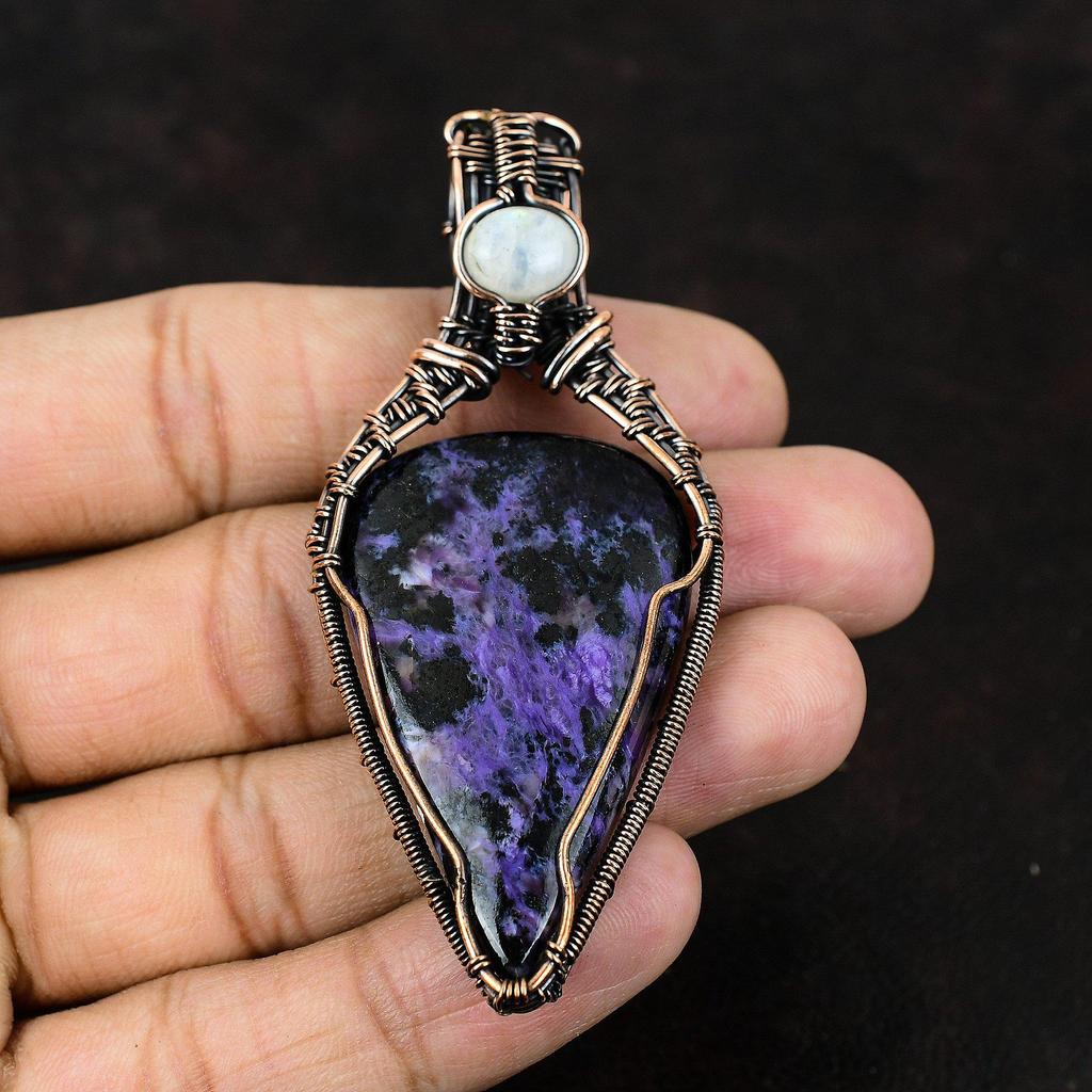 Подвеска из медной проволоки с чароитом, оригинальные ювелирные изделия из драгоценных камней, подвеска из проволочной обмотки ручной работы, ювелирное изделие из лунного камня, подарок для мамы, ювелирные изделия с чароитом