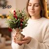 Rustic Christmas Ornament Desktop Miniature Tree with Red Berries, Artificial Mini Pine Burlap Pre Decorated Base, Tabletop Faux Small Potted