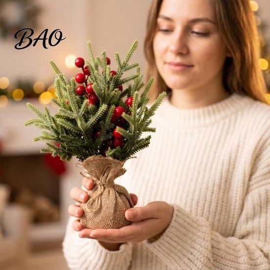 Rustic Christmas Ornament Desktop Miniature Tree with Red Berries, Artificial Mini Pine Burlap Pre Decorated Base, Tabletop Faux Small Potted
