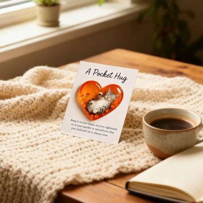 Мемориальный карманный оберег для кошки Yousheng с вдохновляющей карточкой, амулет в виде спящей кошки в форме сердца для эмоциональной поддержки, памятная фигурка-украшение для владельцев кошек