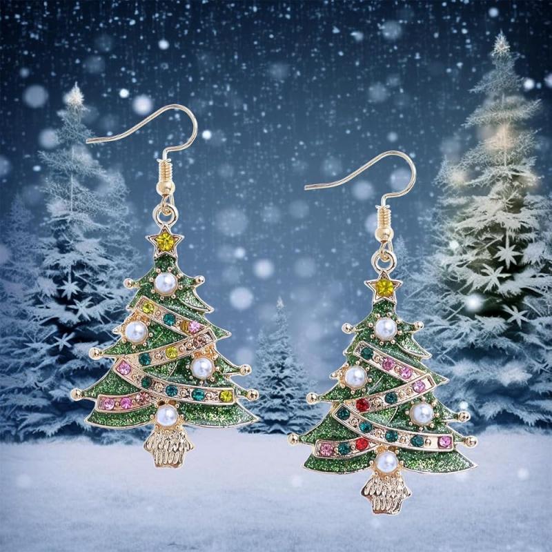Women Dangle Earrings Green Enamel Christmas Tree Multicolor Rhinestone Pearl Decor Xmas Festival Party Jewelry Gift