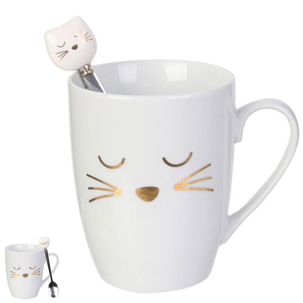 Les Trésors De Lily [R2423] - White Porcelain Mug 'Cats' (with Spoon) - 30 Cl