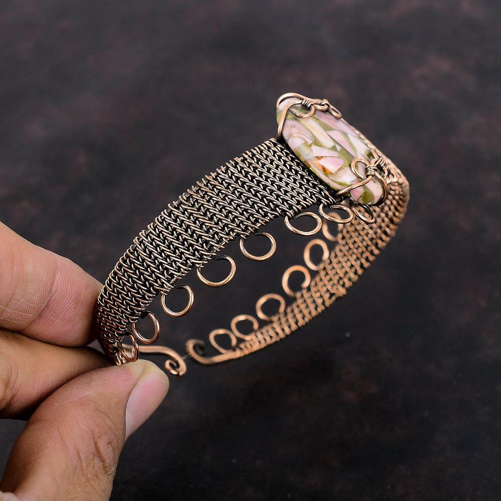 Браслет из медного розового опала, медная проволока, ювелирные изделия, браслет-манжета с драгоценным камнем, регулируемый браслет, браслет из проволочной обмотки, подарок для мамы, браслет ручной работы