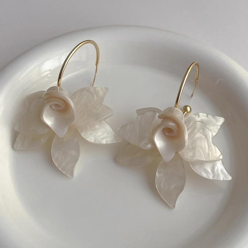Trendy White Green Brown Acrylic Flower Hoop Earrings for Women Jewelry Statement Earings