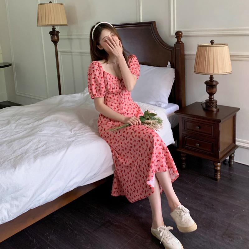 Plus-Size French Floral Chiffon Dress: Summer Puff Sleeve Waist Fairy Skirt