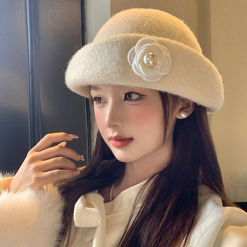 Bow Woolen Bucket Hat Camellia Flower Wool Fisherman Hat Fashion Women Formal hat Travel