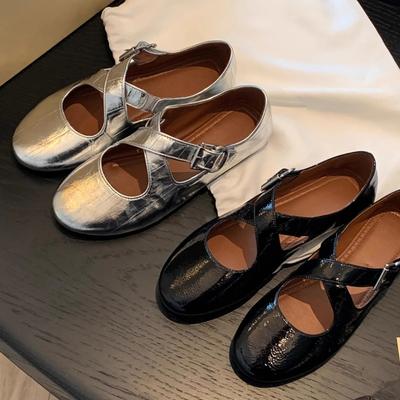Версия из овчины~ Мэри Джейн с серебряным круглым носком и перекрестным ремешком, женские кожаные универсальные туфли-балетки на плоской подошве с открытым верхом